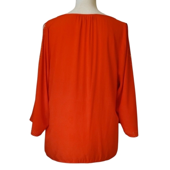 Jennifer Lopez Orange Blouse Gold Studded Detail 3/4 Cold Shoulder Sleeve Size L - Picture 8 of 9